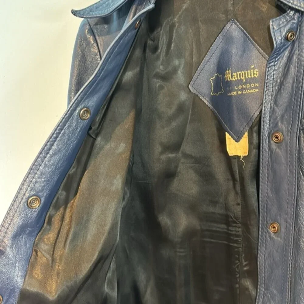 Vintage blue leather jacket snap closure shirt style fitted size S/M by Marquis - Picture 9 of 12